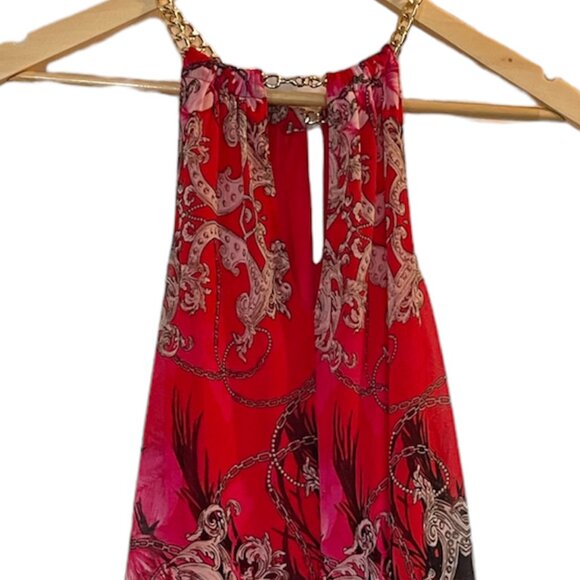 JENNIFER LOPEZ Red/Pink Print Sleeveless High-Low Dress Chain Trim - Size XS - Picture 5 of 12